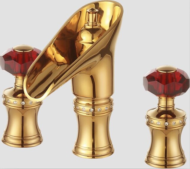 Trento Wine Red Dual Handle Crystal Knob Gold Finish Bathroom Faucet